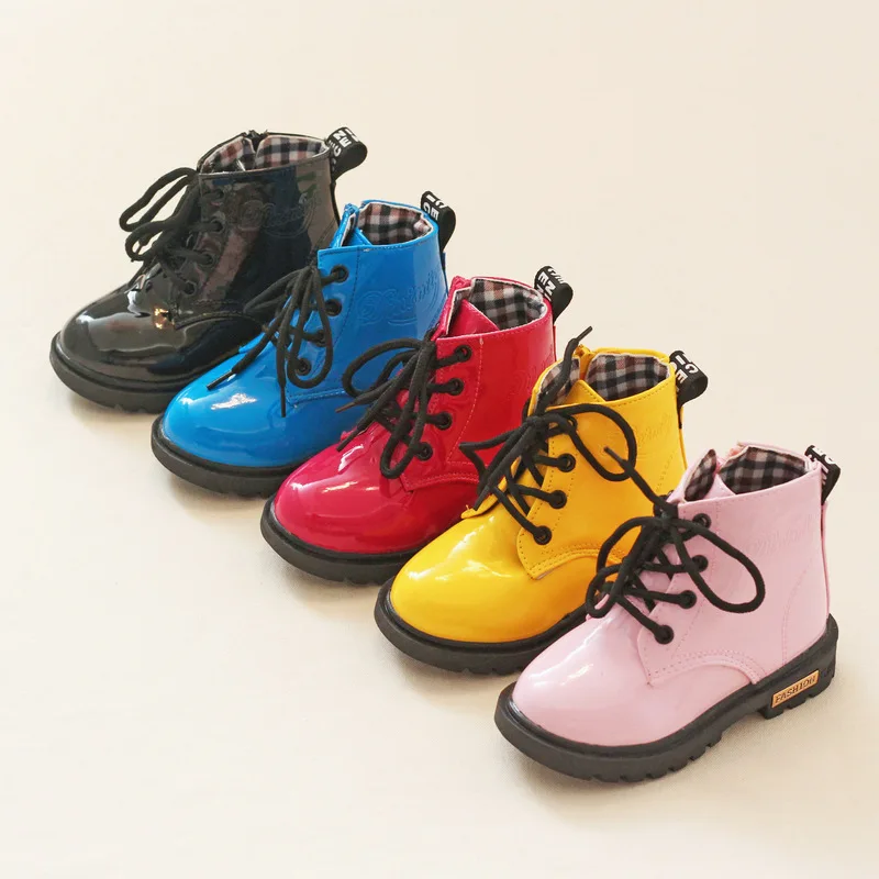 

Kids Boots Lace-Up Boots for Girls PU Patent Leather Boys Boots Rubber Soles Little Girl Boots Lace Up Boots Unisex Round Toe