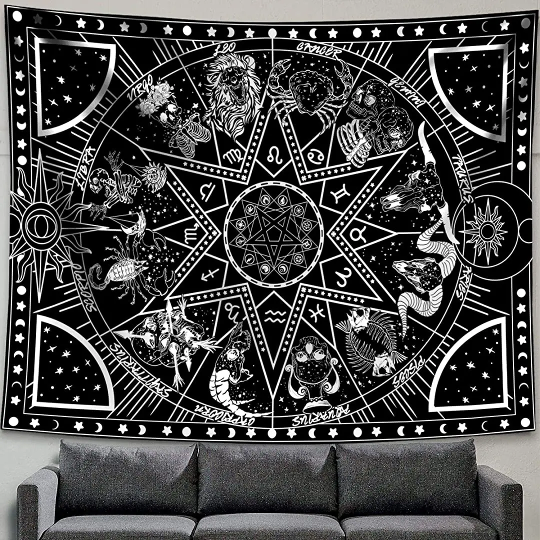

Zussun 12 Constellation Tapestry Star Sun Tarot Tapestry Black and White Hippy CelestialBohemian Home Decor (50" x 60")