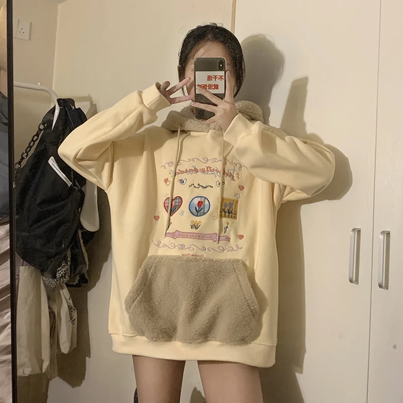 

Composite Plus Velvet Heavy Embroidery Lamb Thick Patchwork Thin Jacket Women Pockets Loose Hoody Casual Sweet Sweatshirts H775