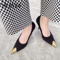 niufuni spring metal pointed toe women pumps high heels simple black white office work shoes stiletto slip on woman shoes woolen