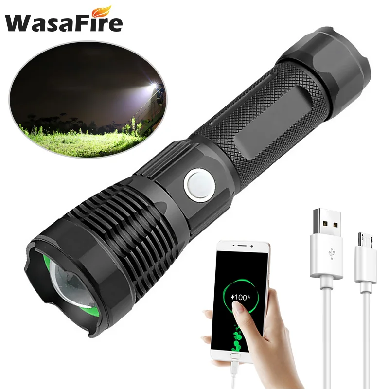 

Powerful XHP50 Led Flashlight Portable Spotlight Zoomable Torchs 4 Modes USB Zoom Lamp Powered by 26650 Battery