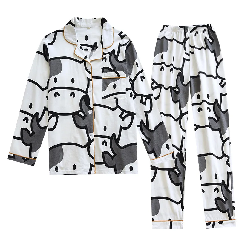 Korean Spring /Summer Couple Pajamas Set Knitted Cotton Men and Women Long Sleeve Pajamas Set Calf Fashion Cardigan Loose Home W