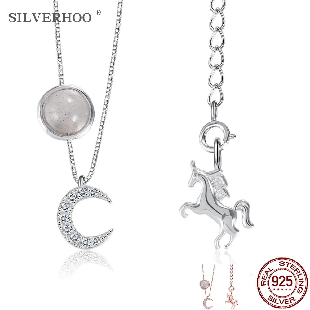 

SILVERHOO Necklaces For Women 925 Sterling Silver Zircon Moon Horse Shape Fine Jewelry Anniversary Party Gift Hot Sale 2021