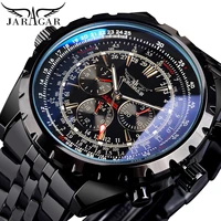 jaragar blue glass design black silver automatic watch stainless steel date clock luminous men business mechanical wristwatch