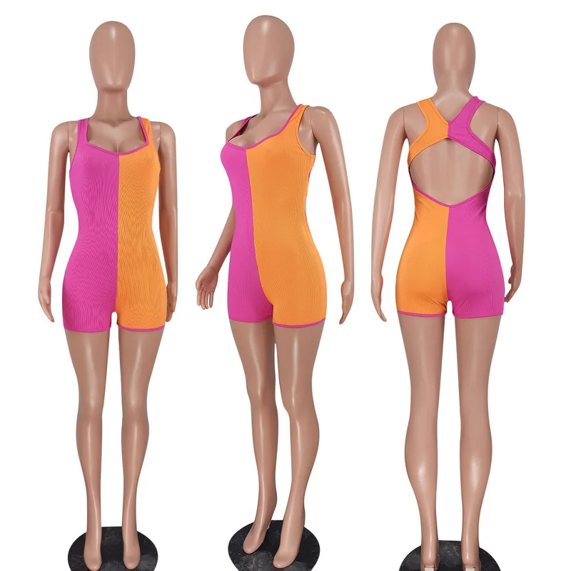 

2021 Sleeveless Halter Patchwork Backless Ribbed Skinny Bodycon Jumpsuit Women Playsuit Autumn Winter Streetwear Casual Rompers
