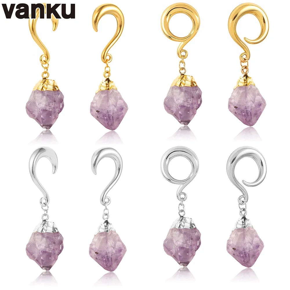 Vanku 2pcs Purple Stone Dangle Ear Plugs Tunnel Expander Ear Stretcher Piercing Body Jewelry