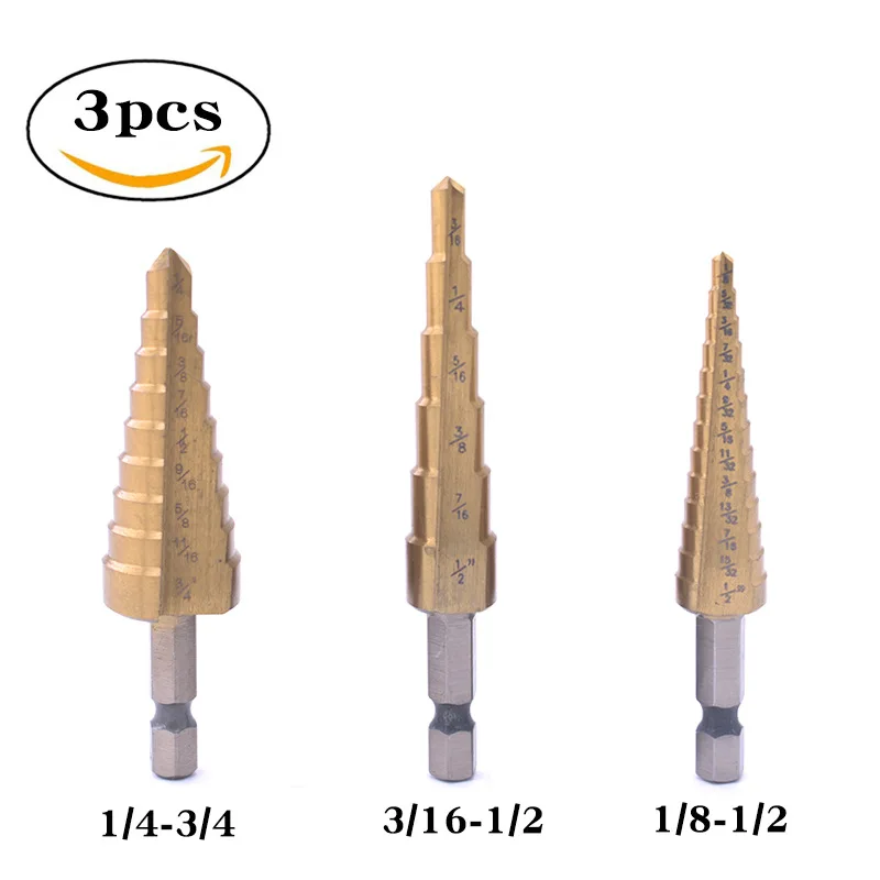 

3pcs inch hexagon shank step drill high-speed steel reaming hole tool set straight groove titanium-plated pagoda drill