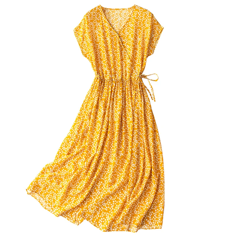 

SHUCHAN Prairie Chic Yellow Silk Dress Raglan Sleeve Mid-Calf A-LINE V-Neck Vestido Largo Mujer Informal Femenino