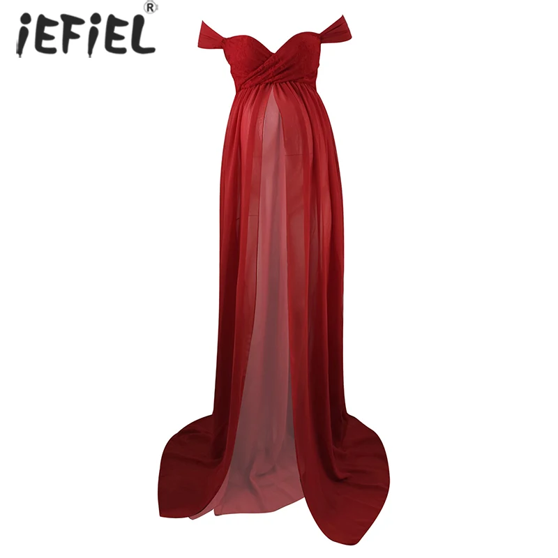 

Maternity Dresses for Photo Shoot White Sexy Front Split Pregnancy Dress Lace Long Strapless Maxi Dress Photography Props