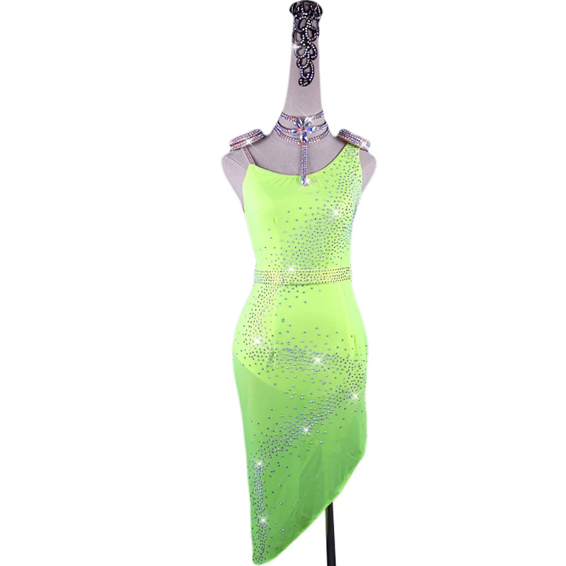 

Latin Dance Dress Women Fluorescent Green Shiny Rhinestones Competition Performance Practice Wear Dresses Salsa Ballroom Dress