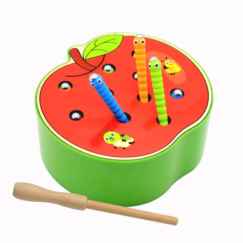 

3D Montessori Wooden Toys Worms Eats The Apple Kids Catch Worms Interactive Cognitive Games Child Math Early Educational Toy