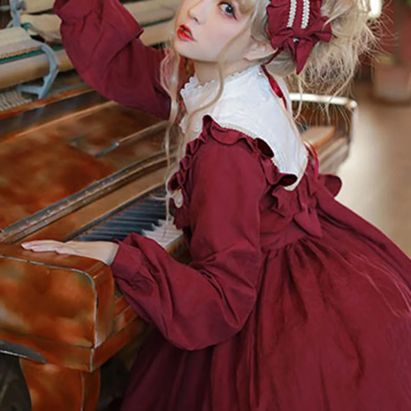 

Japanese Lolita Style Women Princess Party Dress Ruffled Collar Bow Wine Red Adorable Dress Winte Red Layered Ruffles Cute Dress