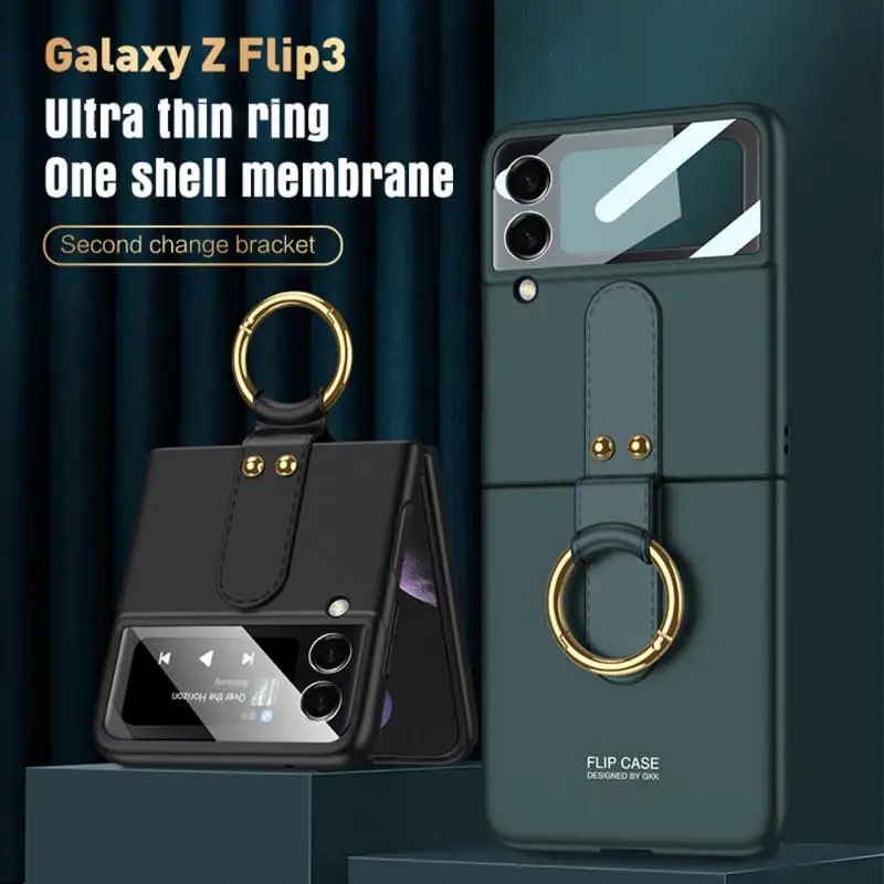 

Finger Ring Matte Slim Case For Samsung Galaxy Z Flip 3 Cover Hard Plastic With Back Camera Tempered Glass Case Key Ring