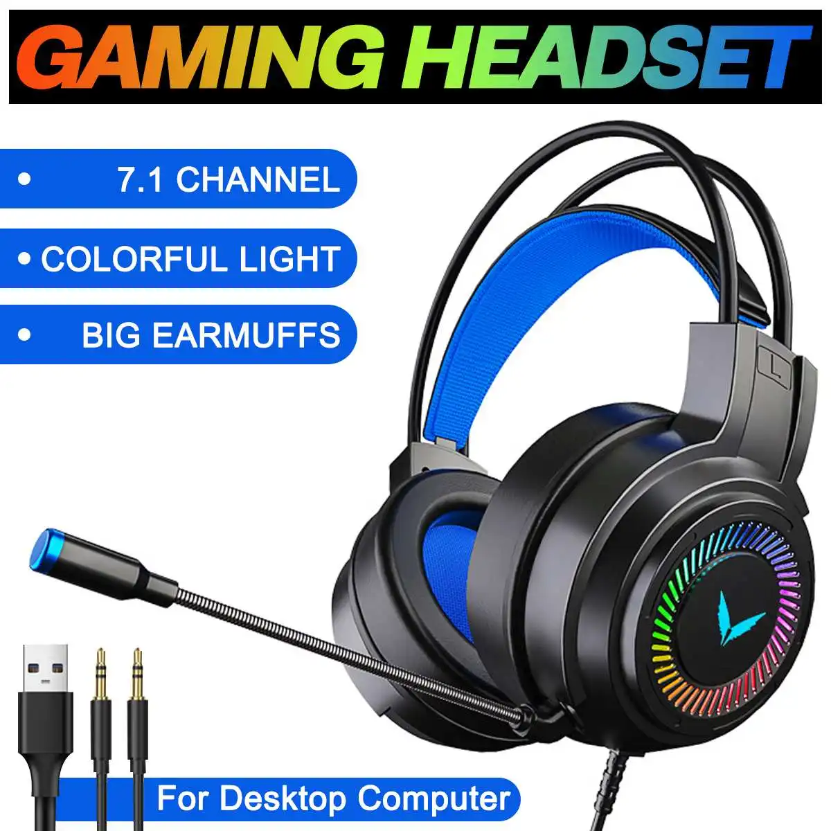 

led 4D Sound Gaming Headsets Gamer Headphones Surround Sound Stereo Wired Earphones USB Microphone Colourful Light PC Laptop