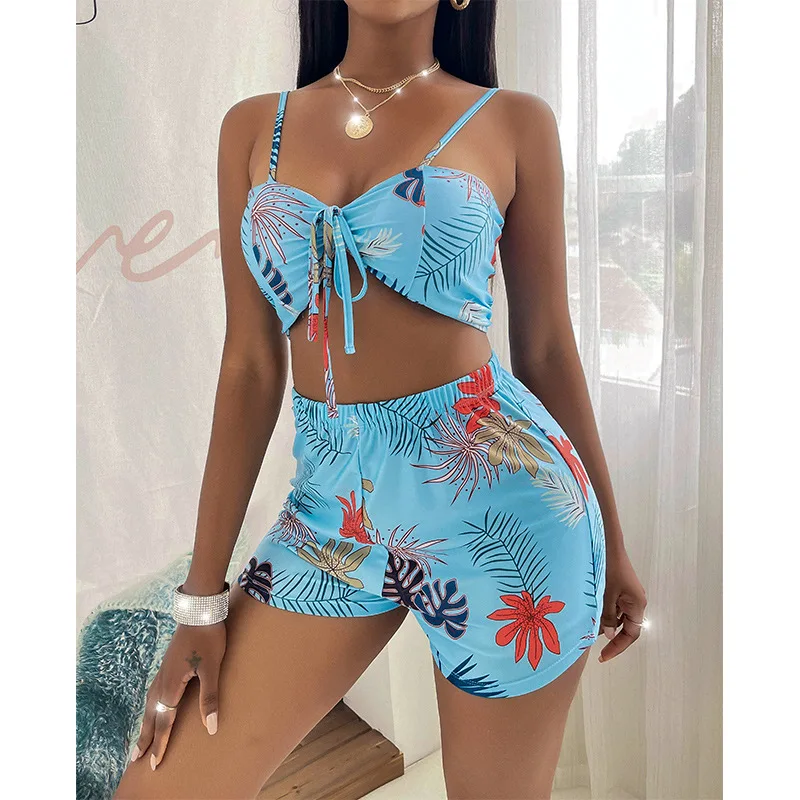 

3 Pcs Long Sleeve Bikini Cover Up Swimwear Women Maple Leaf Print Beach Wear Set High Waist Shorts Bandage Swimsuit Bathing Suit