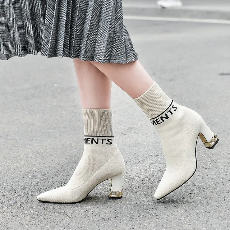 MLJUESE/2020 г. Женские ботильоны вязаные Демисезонные женские носки с острым носком
