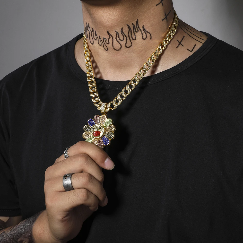 

Sunflower Colored Crystal Rotatable Flower Pendant Necklace Iced out Cuban Chain Hip-hop Necklace For Man Women Jewelry Gifts