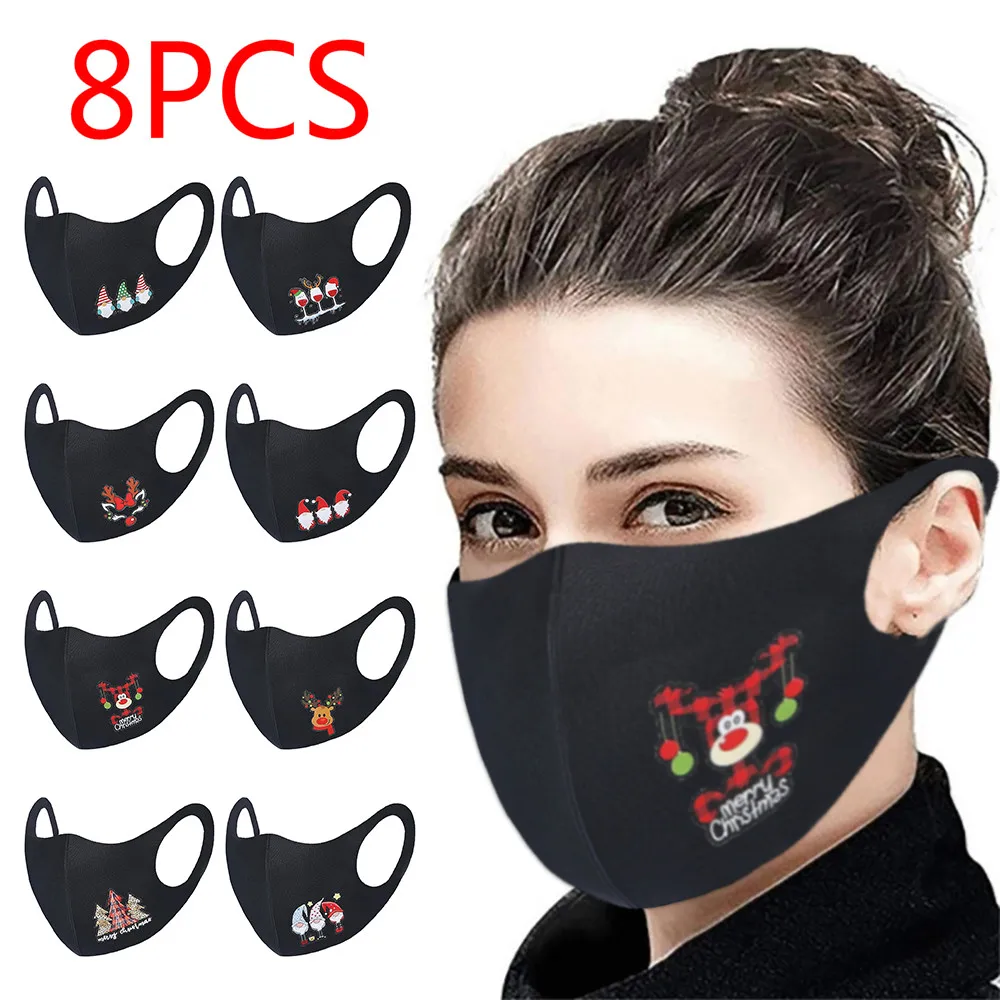 

8 шт./компл. цветная Рождественская маска для лица для взрослых, моющаяся Тканевая маска для лица для защиты, многоразовые шапки для лица с уш...