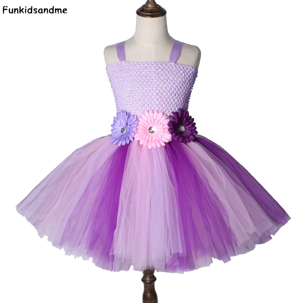 Фиолетовые розовые платья-пачки принцессы для девочек тюлевые вечерние с