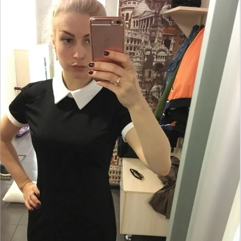 

Women Mini Dress Summer OL Style Dresses Casual Short Sleeve Solid Female Turn Down Collar Woman Dress Outfits