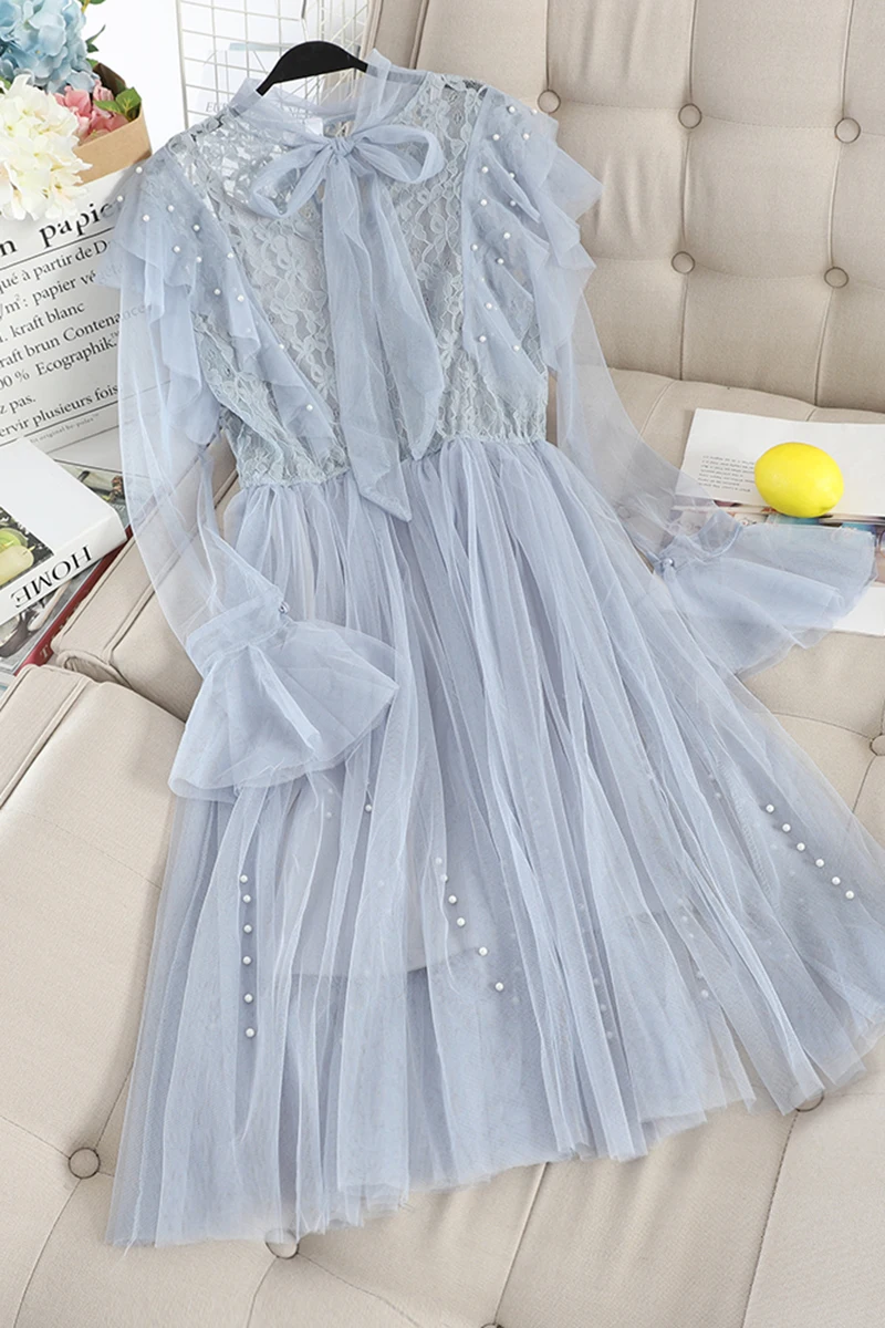 New ruffled bow tie with beaded mesh stitching lace temperament ladies two-piece dress | Женская одежда