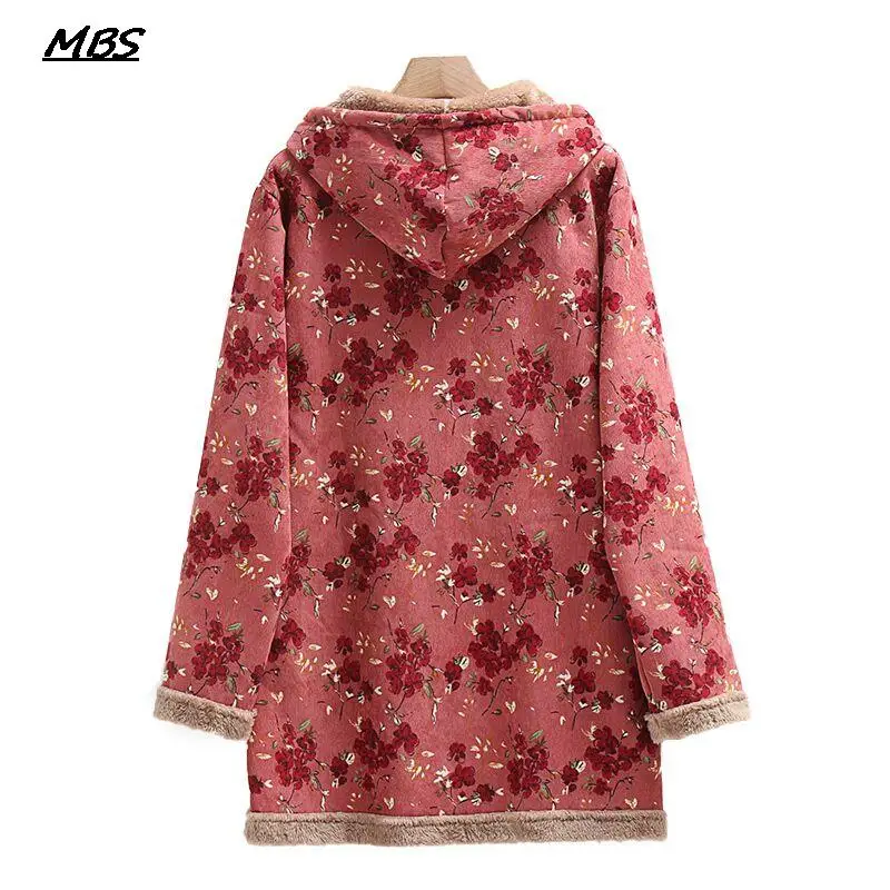Trendy Winter Women Hoodie Coat Faux Fur Coat Vintage Flowers Print Pullover Button Hooded  Pockets Cotton Parka Oversize Jacket