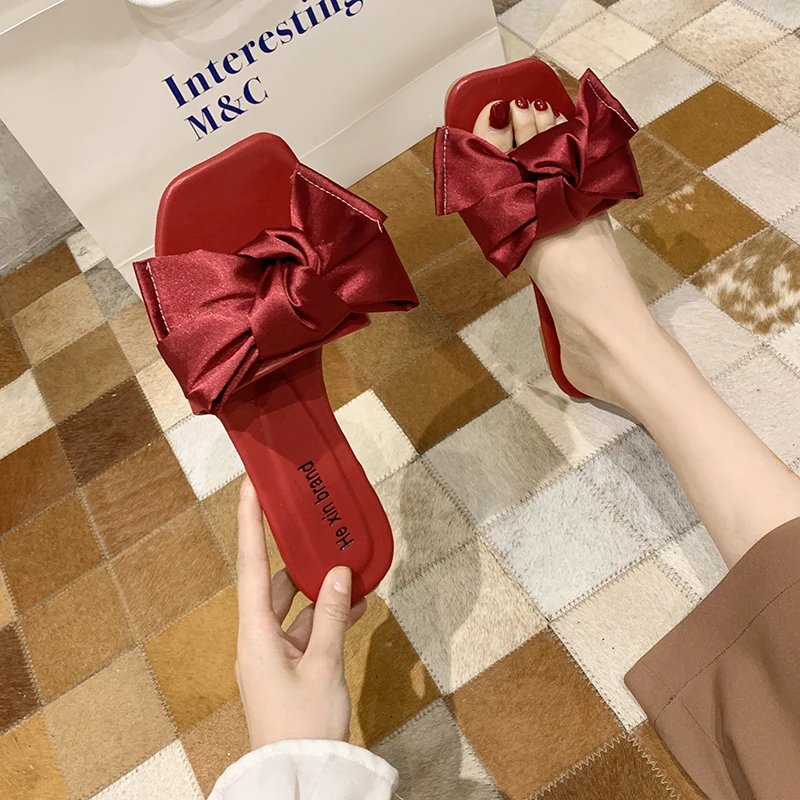 Корейские модные атласные тапочки с большим бантом женская обувь уличные