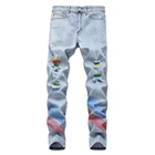 Мужские рваные джинсы трендовые цветные окрашенные рваные потертые джинсовые брюки тонкие Стрейчевые брюки
