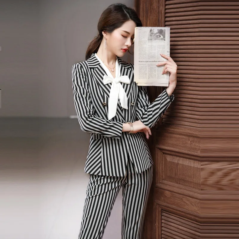 Костюм брючный женский в полоску хаки весна осень одежда для студентов колледжа