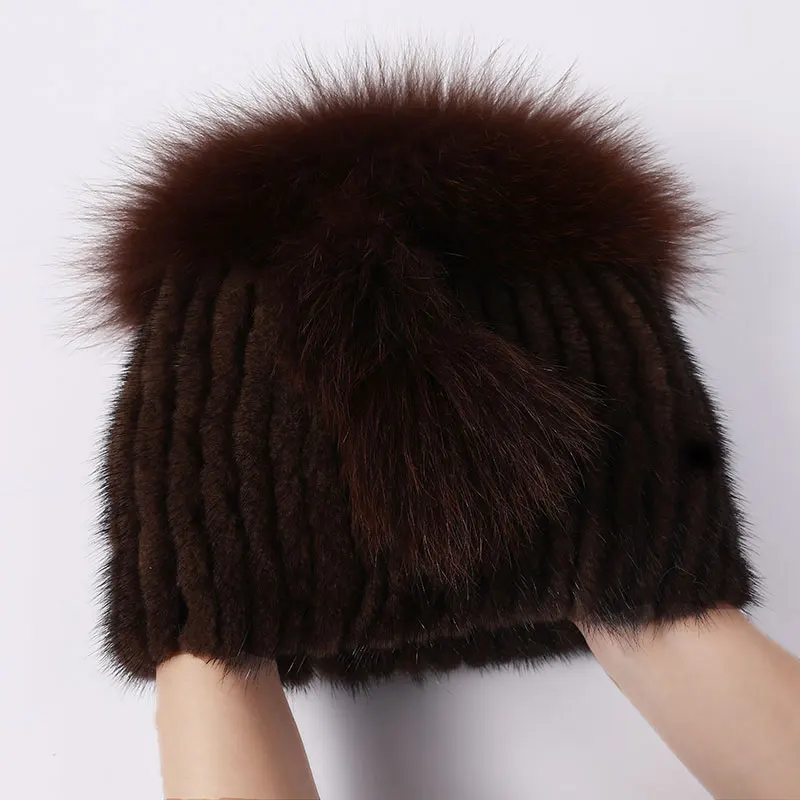 

Winter Genuine Mink Fur Women's Cap Real Fox Fur Big Pompom Design Fashion Stripe Warm Hat Female Real Fur Cap Knitting Mink Hat