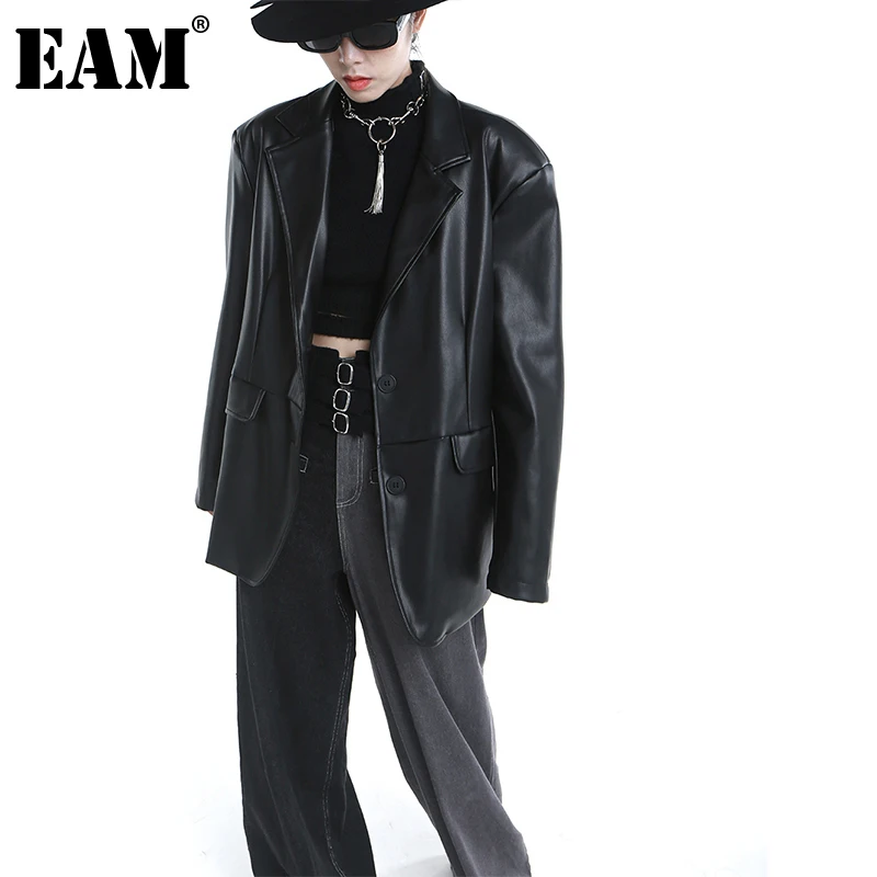 

[EAM] Women Green Pu Leather Big Size Casual Blazer New Lapel Long Sleeve Loose Fit Jacket Fashion Spring Autumn 2021 1DE2386