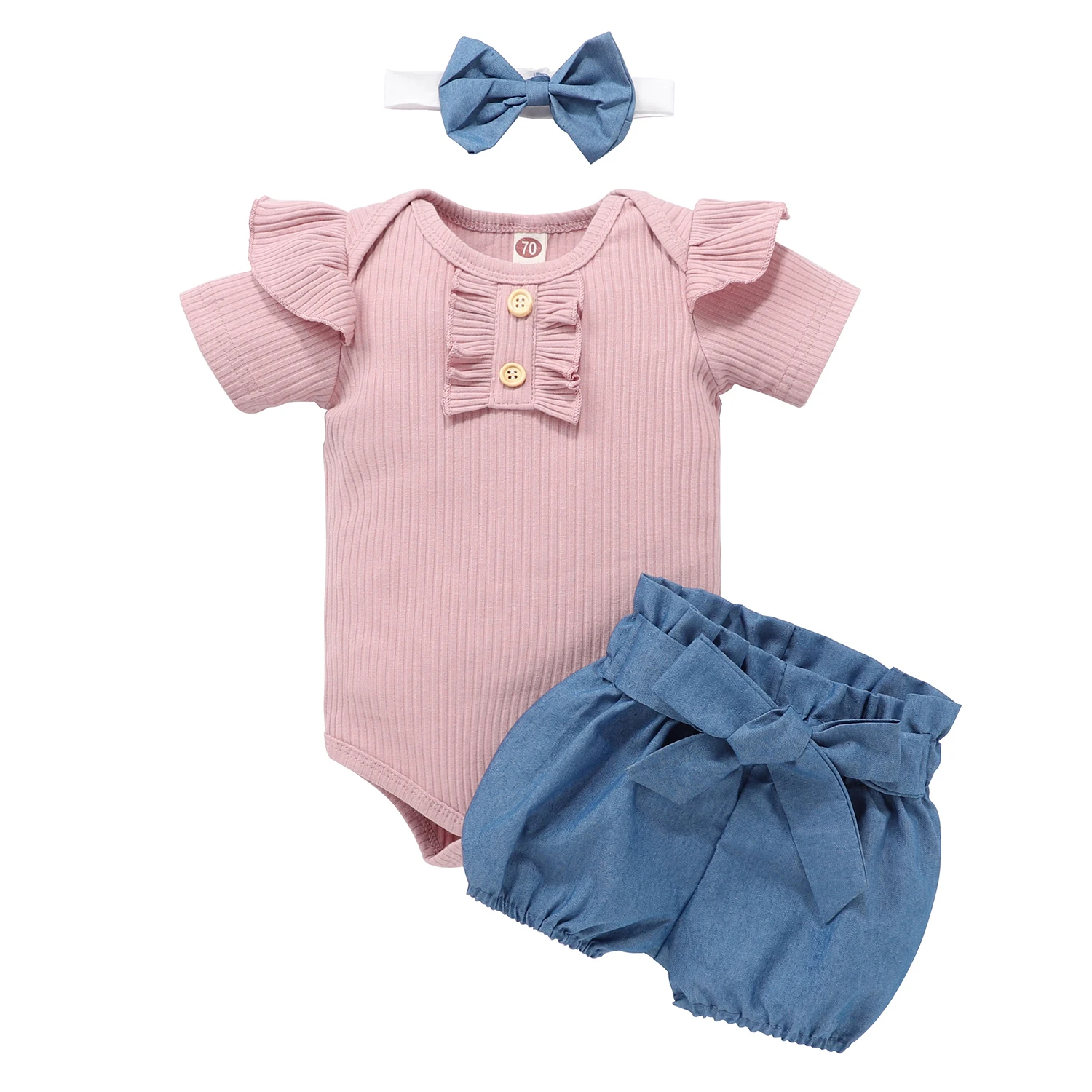 

3 Pcs Baby Girls Summer Clothing Set Round Collar Short Sleeve Romper Shorts and Headdress Blue/ Black