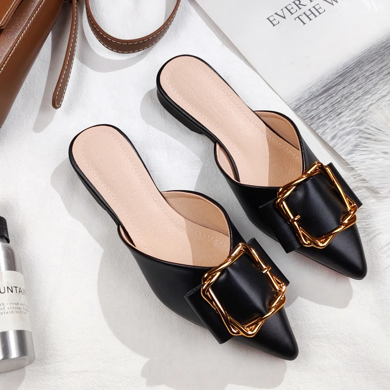 

New faux leather women's pointed metal flats for spring and summer 2021 fashion trend designer slippers AD253