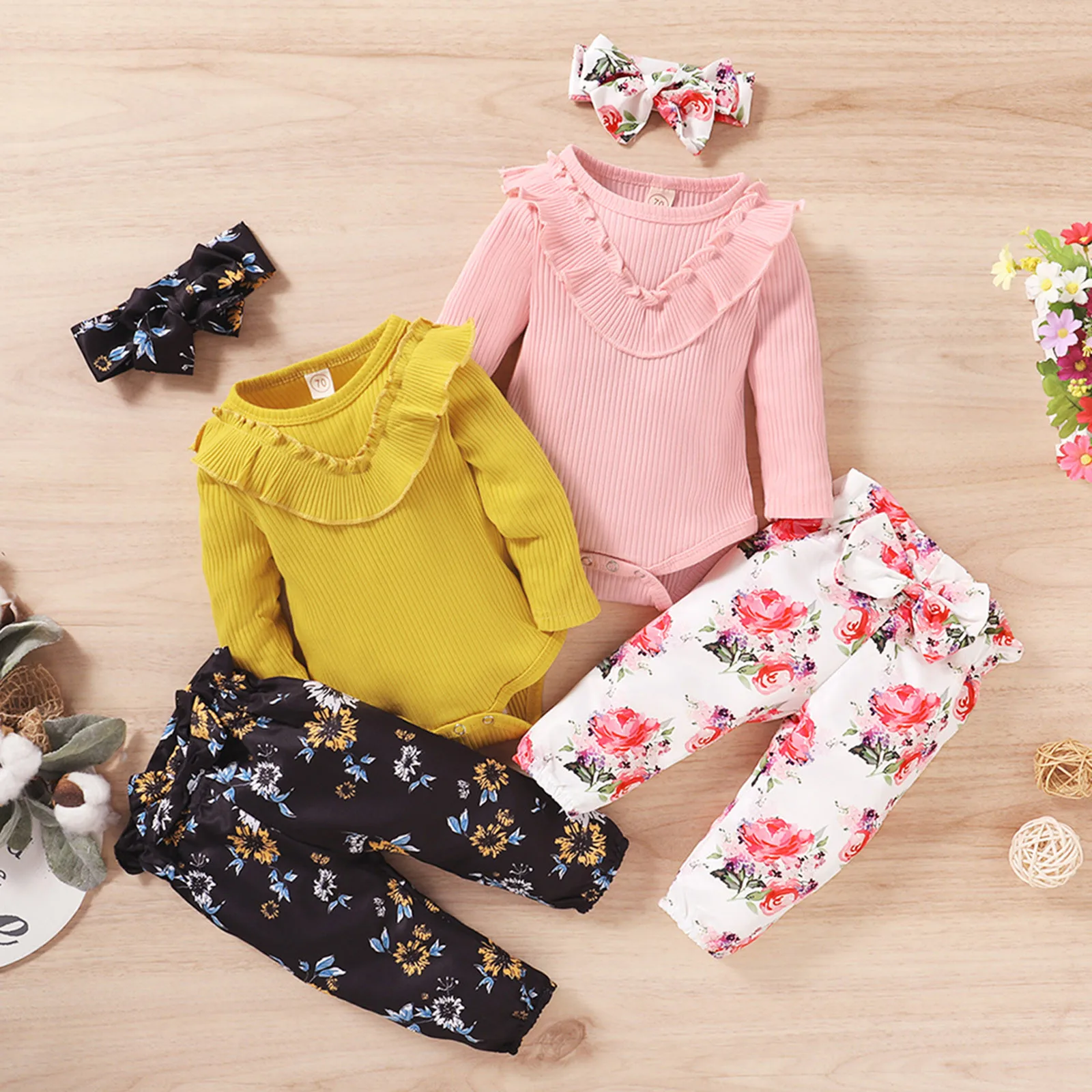 Одежда для новорожденных девочек Комбинезон с оборками маленьких боди + штаны