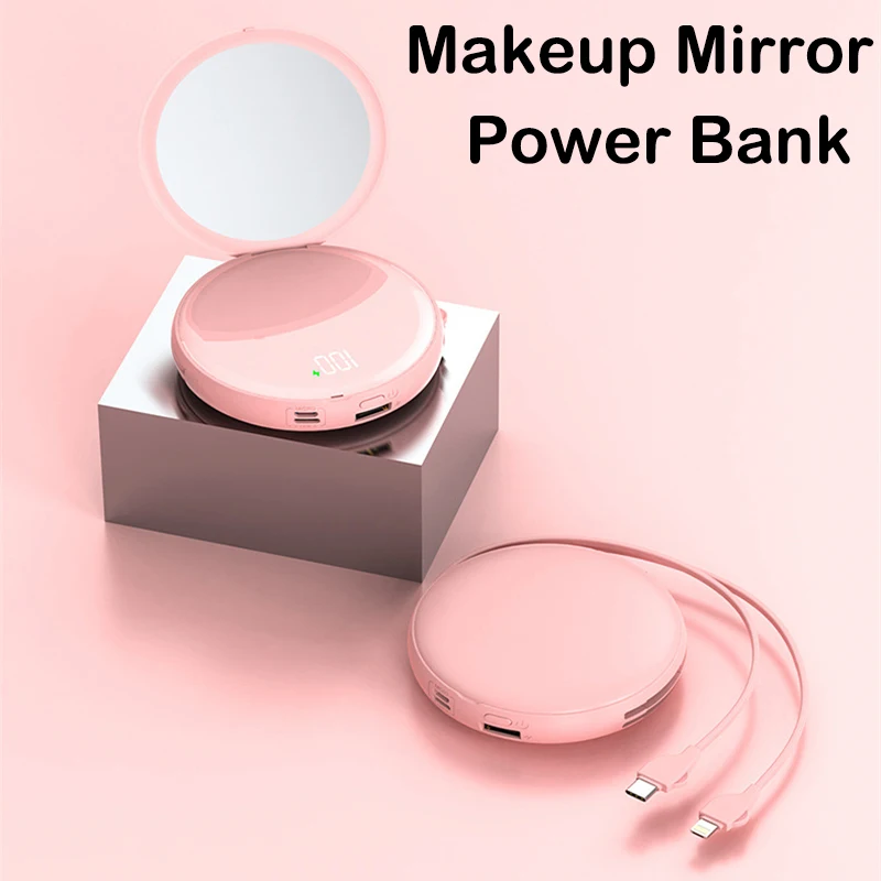 Espejo de maquillaje de 20000mAh, Cargador rápido con Cable incorporado, batería externa...