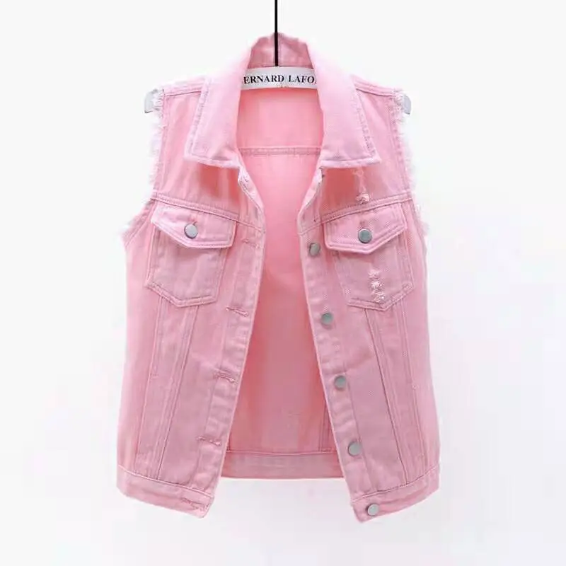 

Multi-color selection of denim vest women's short fashion spring summer slimming raw sleeveless jacket ripped top