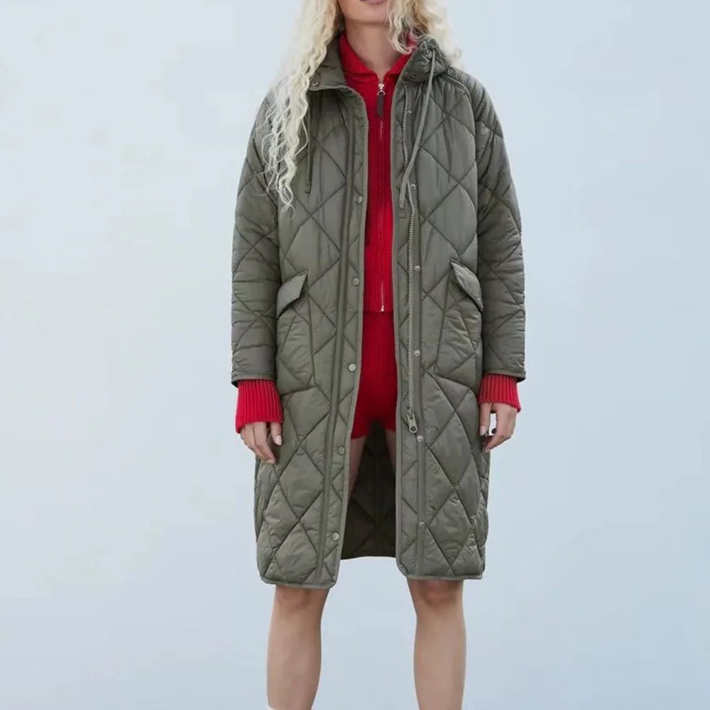 

Женское винтажное пальто Za, хлопковое пальто с ромбовидным тиснением и воротником-стойкой, верхняя одежда с капюшоном, 2021