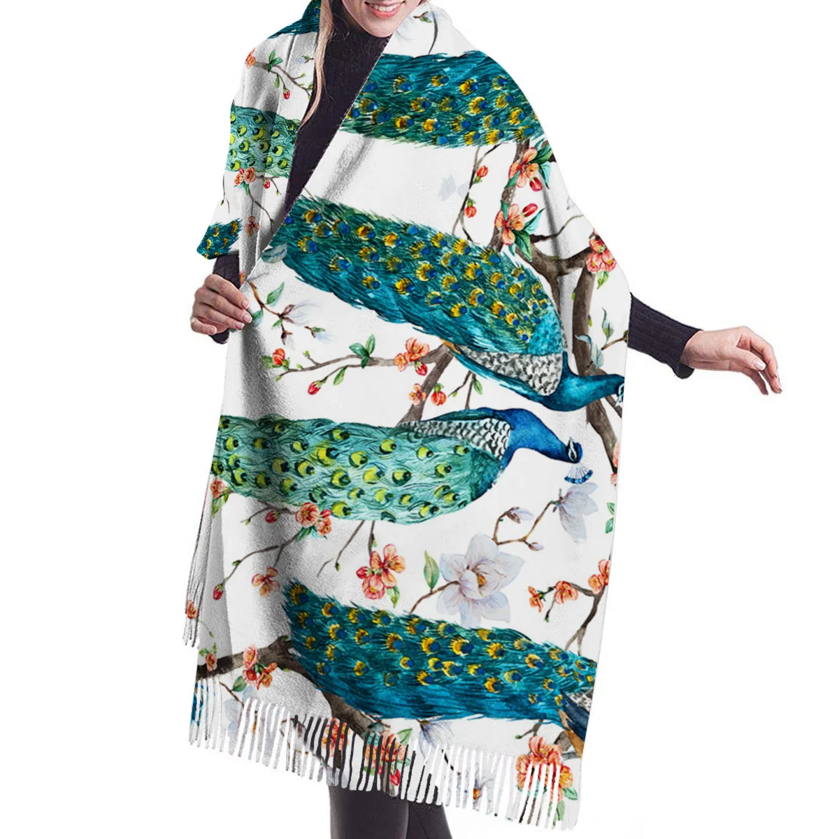 Мягкие кашемировые шарфы три павлина стоячие на ветке женские тонкий длинный