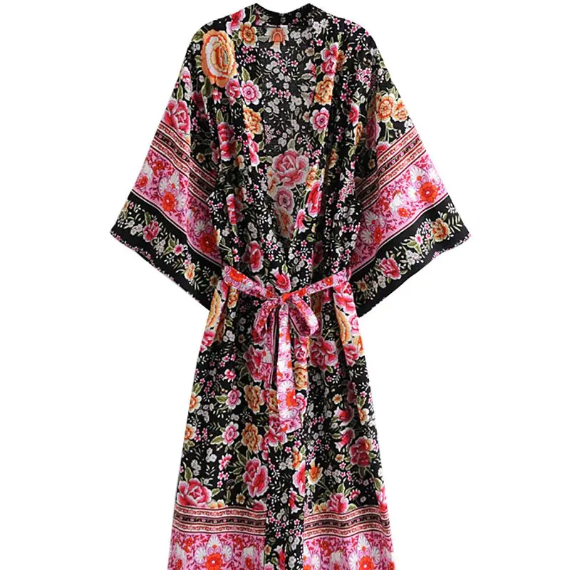 

European and American women's fashion retro positioning print belt beach sun protection kimono Bohemian holiday style coat