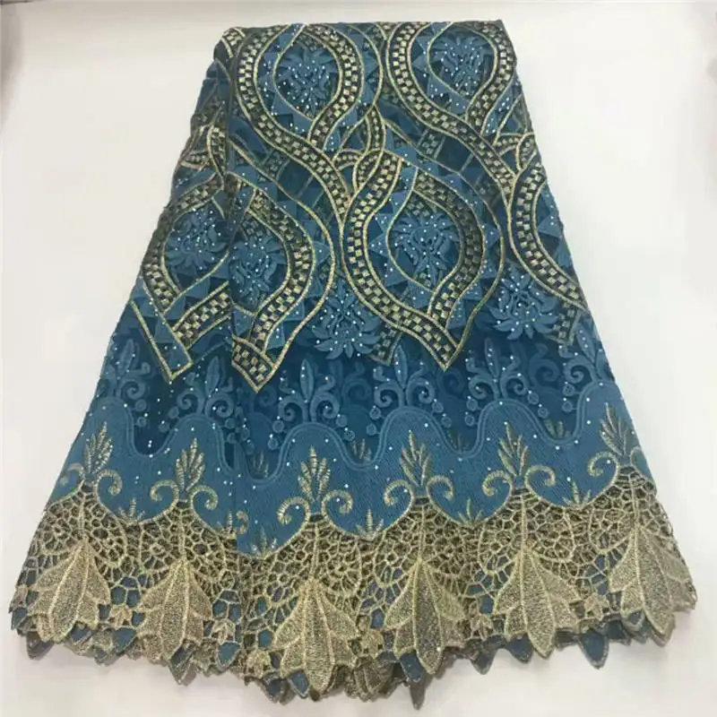 Стразы вышитая сетка кружевная ткань высокое качество 2019 синий африканский
