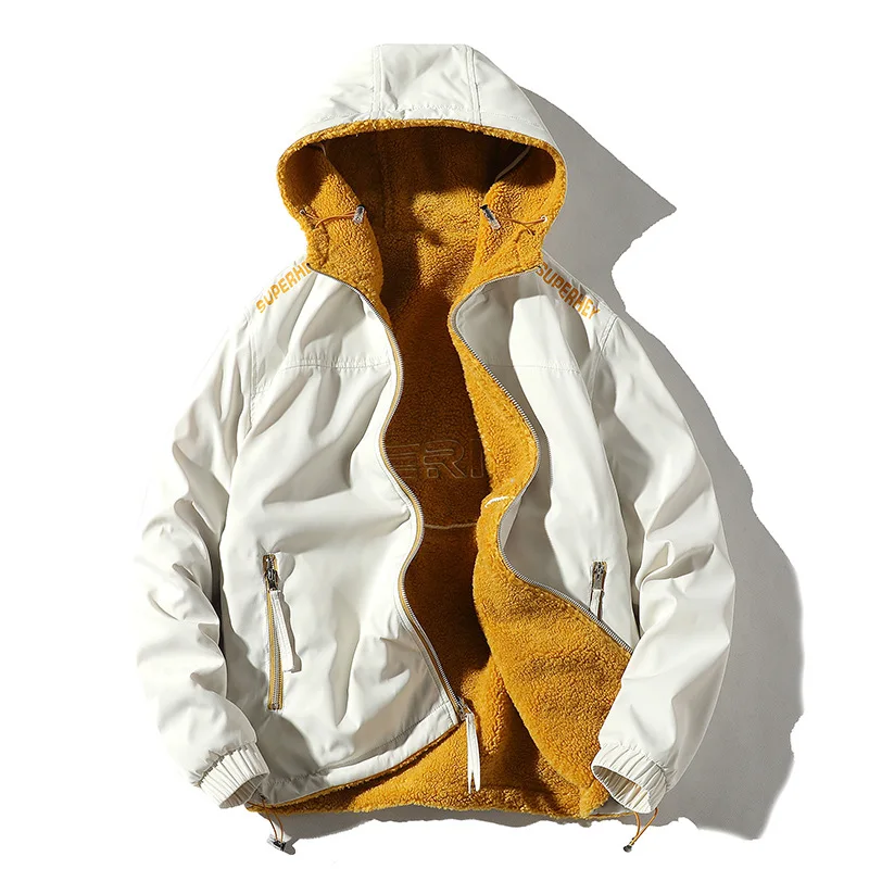 Мужская Двухсторонняя куртка из овечьей шерсти, однотонная Повседневная теплая толстовка с капюшоном, куртка на молнии для зимы