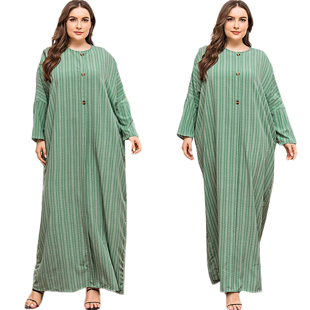 

Plus Size Kaftan Muslim Long Dress Women Stripe Maxi Robe Arab Caftan Batwing Sleeve Loose Gown Oversized Ramadan Casual