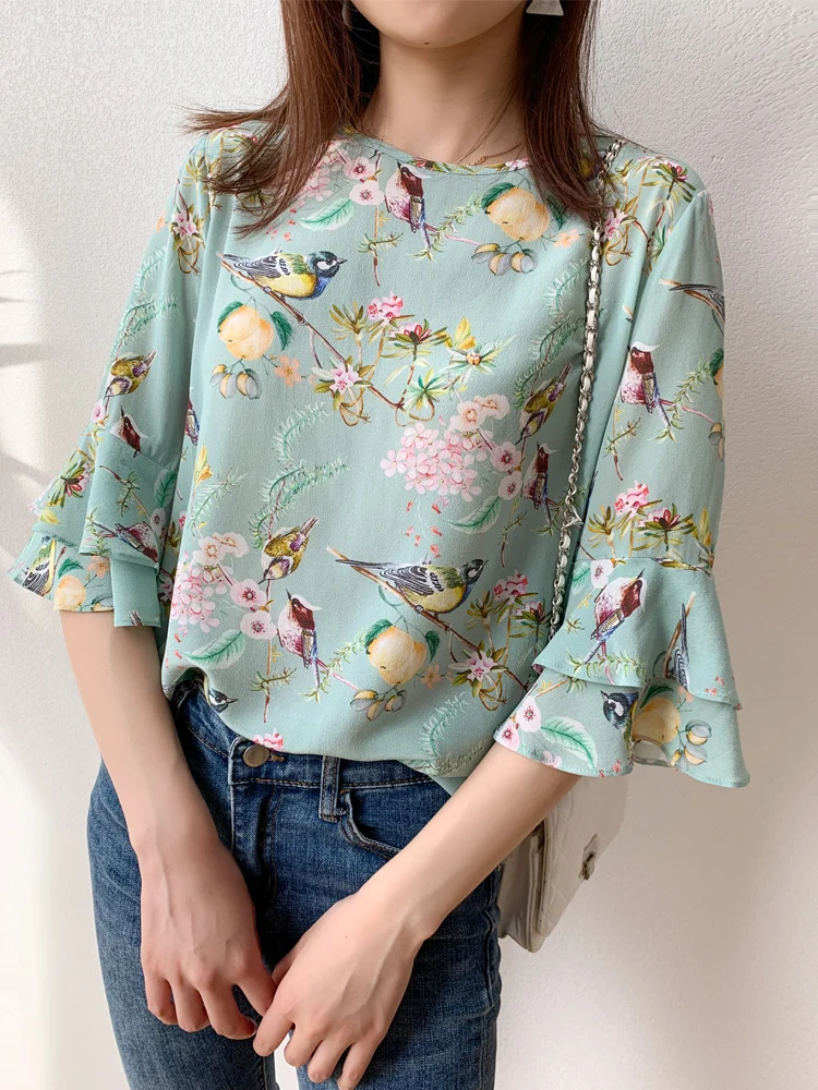 Женская блузка свободного покроя из 100% шелка с круглым вырезом и длинными