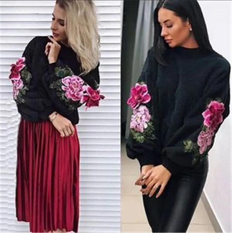 

Autumn Women's O-Neck Appliques Knitted Sweater Winter Casual Long Sleeve Solid Warm Loose Casual Pullover Knitted Sweater