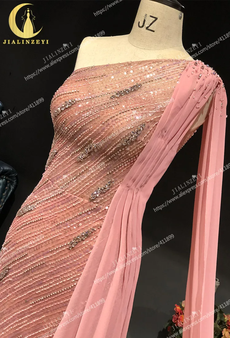 2021 Rhine real Pictures one shoulder pink mermaid beads luxurious sexy evening dress long formal dresses
