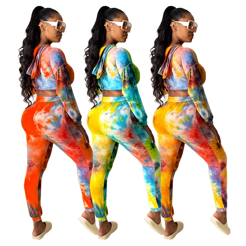

ZOOEFFBB Fashion Tie dyeTwo Piece Set Fall Clothing Long Sleeve Hoodie Crop Top+sweatpants Outfits for Women Clothes Streetwear