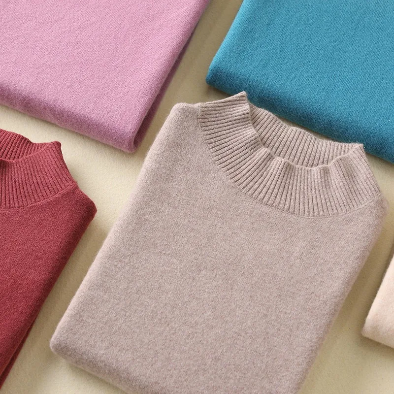 

Hot Sale Basic Women's Solid Color Half Turtleneck Pullover Sweater 100% Merino Wool 2019 Trend Colors Sweaters Lady Jumpers