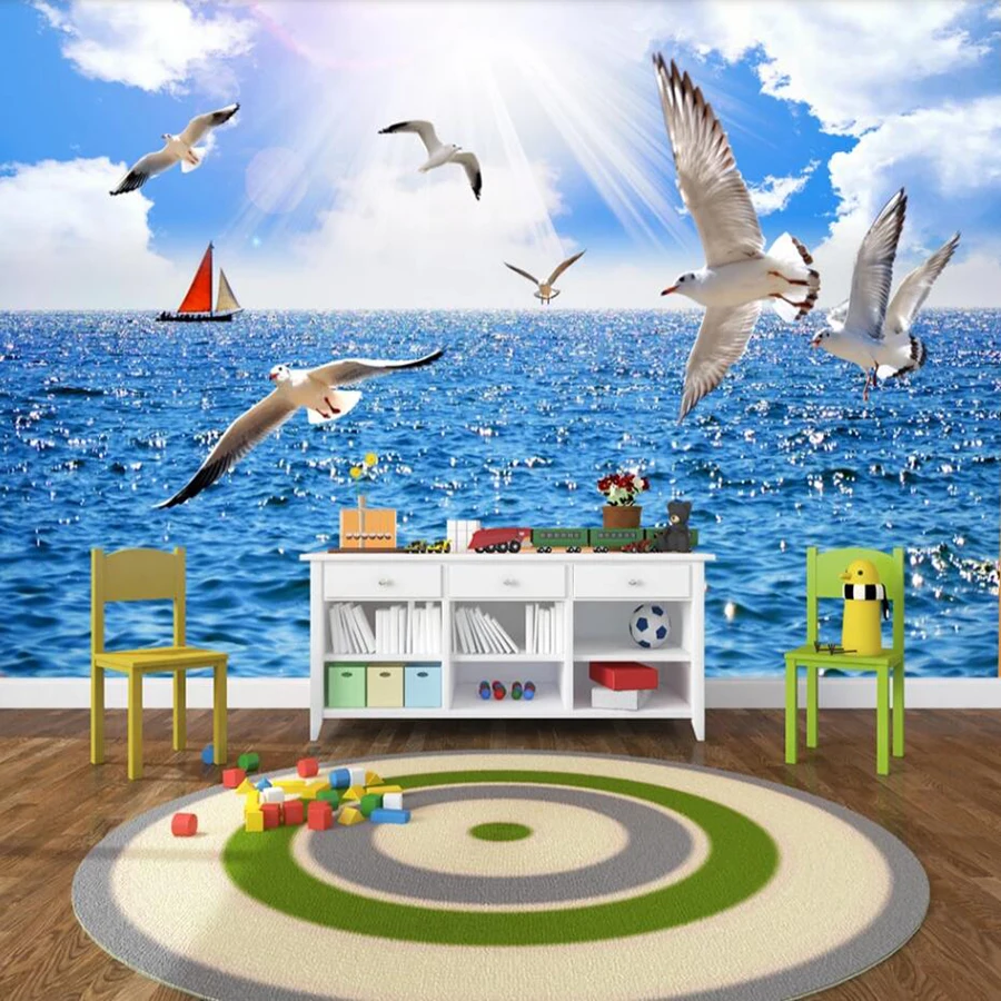

Пользовательские 3D Настенные обои средиземноморские парусы Чайка Летающая спальня прикроватная живопись настенное украшение Настенные о...