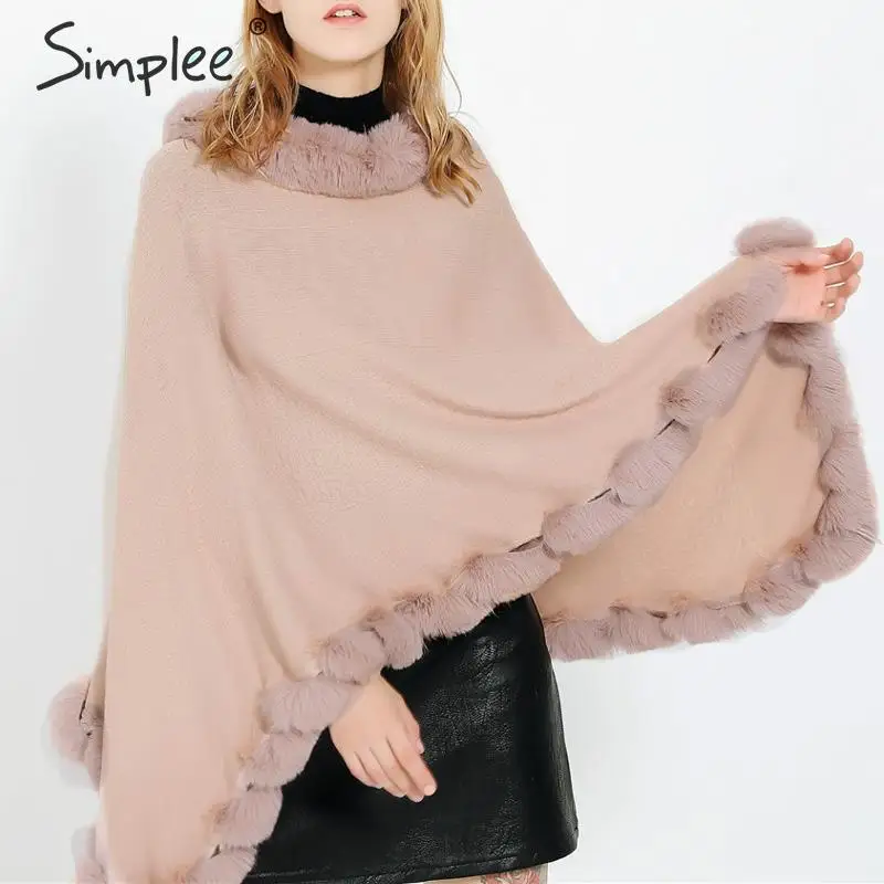 Simplee вязаный женский пончо из искусственного меха Осень-зима рукав летучая мышь