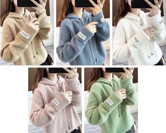 Surmiitro Mink Cashmere Knitted Hoodies Women Autumn Winter Korean Kpop Long Sleeve Hooded Sweatshirt Female Pullover Blue